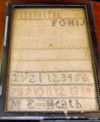 A small 19th Century Needlework Sampler, typical rows of letters and numbers, signed M E Heath, 6 ¼”