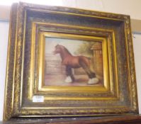 A 20th Century Reproduction Oil Painting of a shire horse in farmyard scene, in heavy ornate gilt