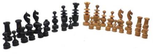 An Ebonised and Boxwood Chess Set of 32 pieces, (some repairs, replacements etc throughout), in a