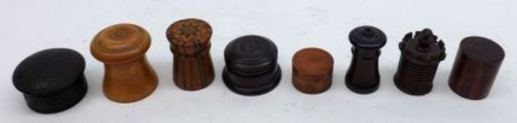 A Mixed Lot of assorted Turned Treen Containers, some with carved detail, the largest 2 ¼” high