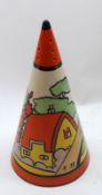 A Wedgwood copy of a Clarice Cliff Sifter, decorated with an original Bizarre design, 5” high