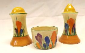 A Clarice Cliff Cruet, comprising a Salt, Pepperette and Mustard Pot, all decorated with a Crocus