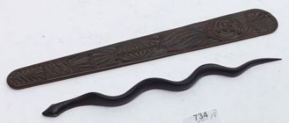 An unusual Treen Model of a Snake; together with a Carved Wooden Page Turner or Shoehorn, the