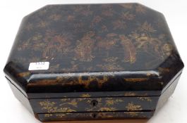 A 19th Century Octagonal Oriental Black Lacquered Workbox, the top decorated with floral and gilt