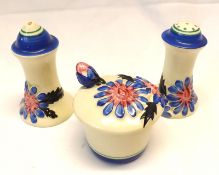 A Clarice Cliff Marguerite Cruet, comprising Waisted Salt, Pepperette and Circular Lidded Mustard,