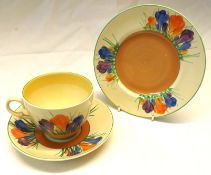 A Clarice Cliff Crocus pattern Triple, comprising Cup, Saucer and Circular Plate, Royal