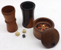 An unusual round Treen Cased Miniature Roulette Wheel, 3” diameter; together with two Turned Treen