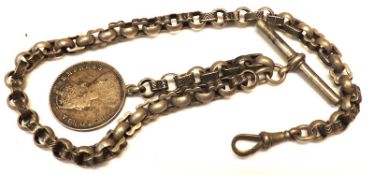 A Continental white metal burnished and plain belcher link Watch Chain with “T” bar and coin