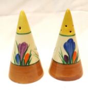 A pair of Clarice Cliff Conical Salt and Pepperette, each decorated with a Crocus pattern (