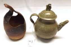 A 20th Century Celadon Lidded Ewer of teapot form; together with a further small earthenware root-