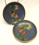 A pair of Chinese Cloisonné small circular Pin Dishes, each inset with sprigs of foliage on a pale