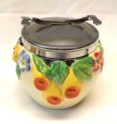 A Clarice Cliff “My Garden” Sugar Lump Container, the chromium cover fitted with folding nips, and