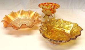 A Carnival Glass crimped Bowl, a further Carnival Glass foliate shaped Dish and a small multi-