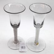 Two 18th Century Bell Bowled Wine Glasses with double opaque twist stems and spreading circular