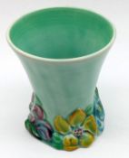 A Clarice Cliff “My Garden” Small Trumpet Vase, with green glaze body and relief moulded coloured