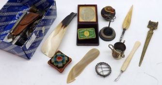 A Box of various mixed items to include Penknife, Shoe Horn, small Trophy Cup etc