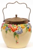 A Clarice Cliff “My Garden” Silver plated mounted Covered Biscuit Barrel of globular form, (plate
