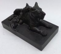 A Bronze effect Model of lioness and two cubs on a rectangular plinth base, 9” long