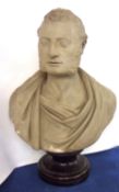 A large Plaster Head and Shoulders Bust of a classical gentleman, wearing a Greco Roman type robe,