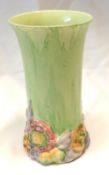 A Clarice Cliff “My Garden” Trumpet Vase with green streaked body and coloured relief moulded floral