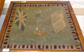 A 19th Century Maple Framed Tapestry Picture of Britannia and Flags with a coloured border (faded