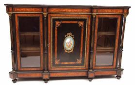 A Victorian Burr Walnut and Amboyna Veneered Credenza, with two glazed side doors and a central