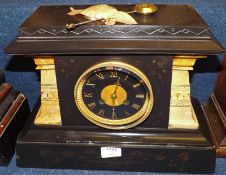 A late 19th/early 20th Century Black Marble Large Mantel Clock, with coloured and painted insets,