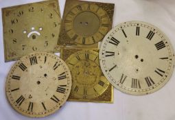 Two Circular Longcase Clock Faces, a further square Painted Face and three other Brass Faces,