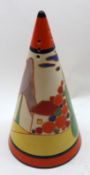 A Wedgwood copy of a Clarice Cliff Conical Sifter (based on an original hand painted Bizarre
