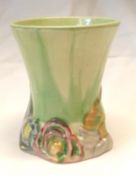 A Clarice Cliff “My Garden” Trumpet Vase, with green Delicia type streaked body over a coloured