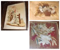 A Mixed Lot: two Victorian Needlework Pictures and a further Pressed Leaf Picture