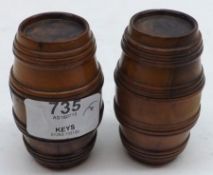 Two Small Olivewood Turned Barrel-shaped Containers, with pull-off lids, 3” high