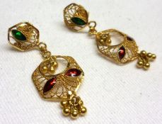 A pair of Indian high grade precious metal and enamelled Filigree drop Earrings, screw setting,
