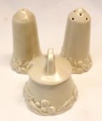 A Clarice Cliff “My Garden” Three Piece Cruet comprises a Conical Salt, Pepperette and spreading