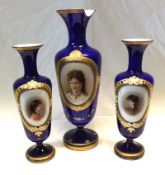 A 19th Century Glass Garniture, comprises a tall Vase and a pair of matching smaller Vases, all of