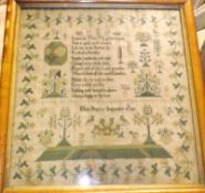 A Maple Framed Needlework Sampler, extensively decorated with floral border, birds, trees, flowers