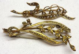 An Edwardian 15ct Gold Lily of the Valley Spray Brooch, Seed Pearl set, 46mm long; together with a