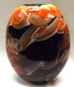 A large Murano modern Studio Glass Vase of ovoid form, decorated with an orange and multi-coloured