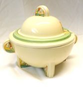 A Clarice Cliff Stamford circular two handled covered Tureen, decorated with the “Stroud” pattern in