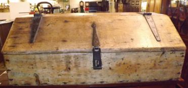 A late 18th/early 19th Century Pine Ships Carpenters Trunk, sloped front with heavy iron hinges