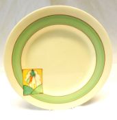 A Clarice Cliff Circular Plate, decorated with the “Stroud” pattern, with a banded vignette border