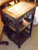 A late 19th/early 20th Century Oriental Hardwood Side Table, the top with inlaid red marble panel,