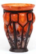 A Daum Nancy Majorelle Mottled Orange Glass Baluster Vase, fitted with a cast metal frame, of