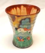 A Clarice Cliff Trumpet Vase of waisted form, decorated with the Forest Glen pattern, Wilkinsons