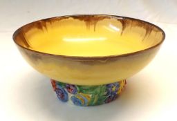 A Clarice Cliff “My Garden” Circular Pedestal Bowl, the body decorated with brown and ochre and