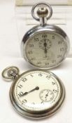 A WWII Army Issue Chromium Cased Pocket Watch, button wind, black Arabic numbers to a white