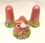 A Clarice Cliff Three Piece Cruet, the bodies all decorated with puce Delicia type streaks above