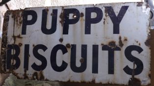 A Vintage Rectangular Enamel Sign, blue lettering on a white background, Puppy Biscuits, 40” long (