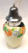 A Clarice Cliff “My Garden” Sifter with pierced chromium pull-off cover, the neck relief moulded
