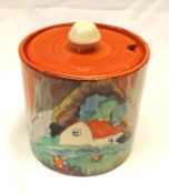 A Clarice Cliff Forest Glen Cylindrical Covered Preserve Pot, Newport Pottery black printed mark,